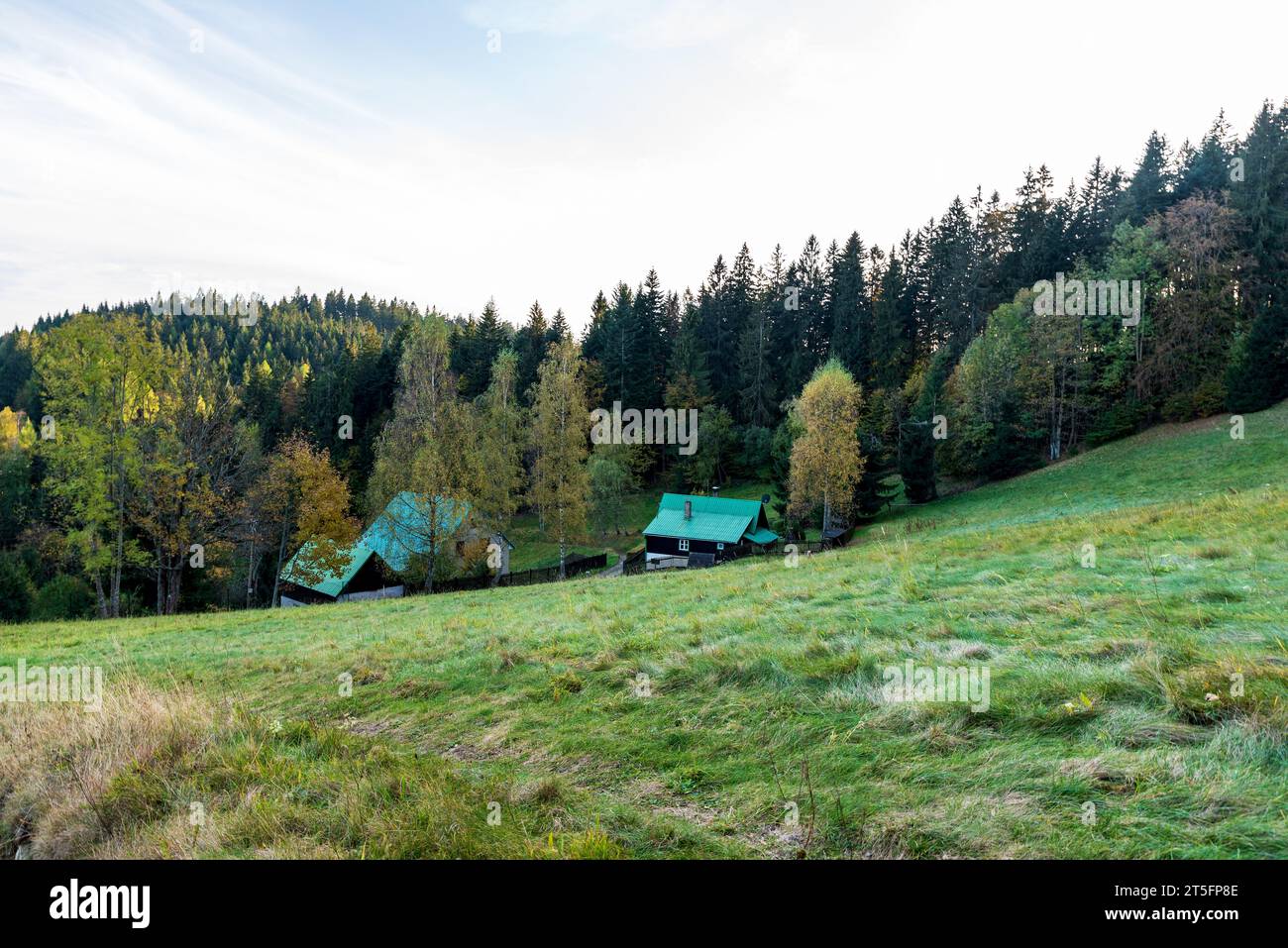 Herbst Moravskoslezske Beskidfy Berge belügen den Bobek Hügel an der tschechisch-slowakischen Grenze mit Wiese, wenigen Häusern und Hügel bedeckt von bunten Wald Stockfoto