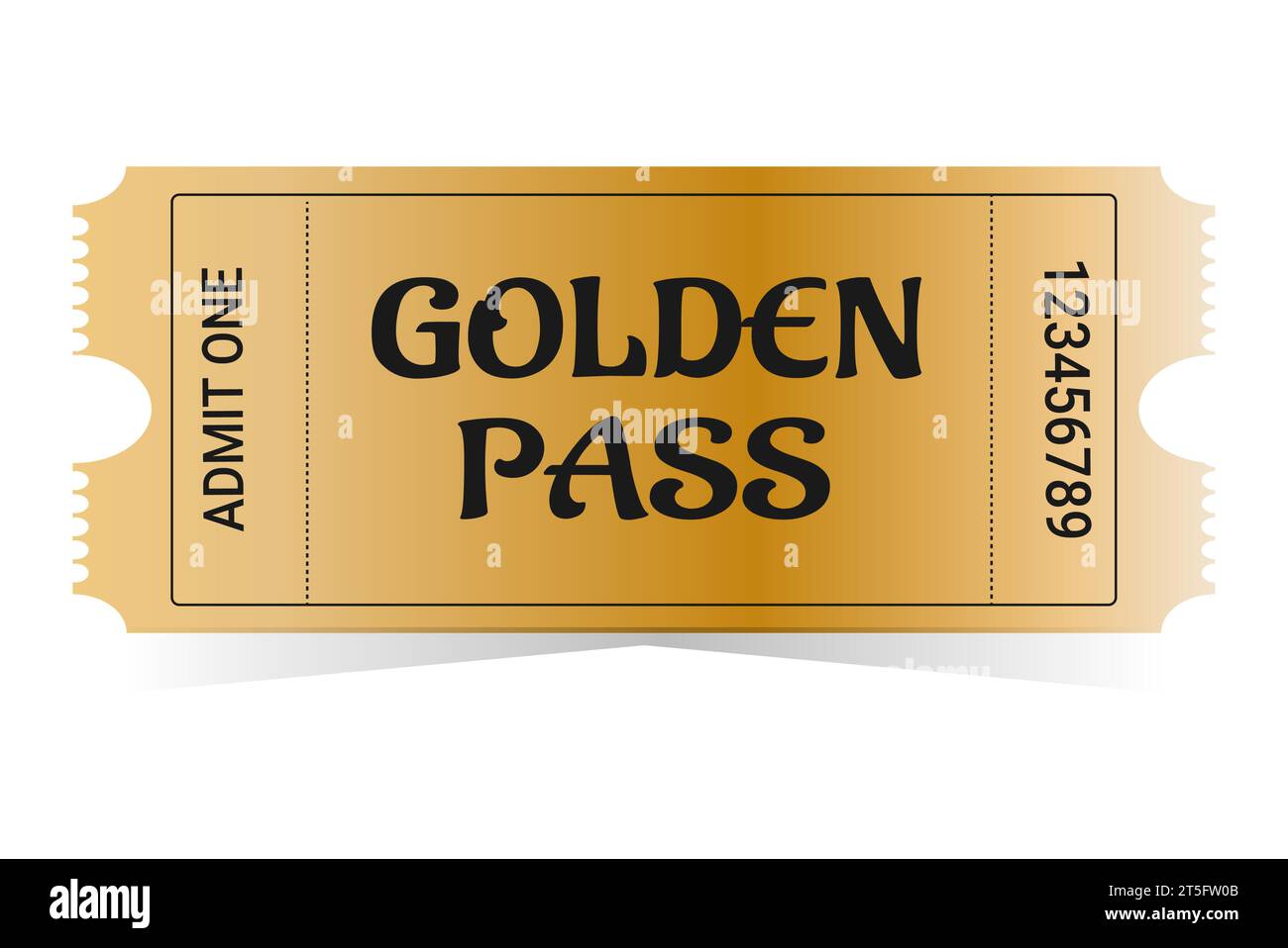 Realistischer goldener Pass. Kino, Theater, Party, Museum, Veranstaltung, Vorlage für Gold- und schwarze Vektor-Tickets für Konzerte. Filmkino-Gutscheinheft, Zutritt Stock Vektor