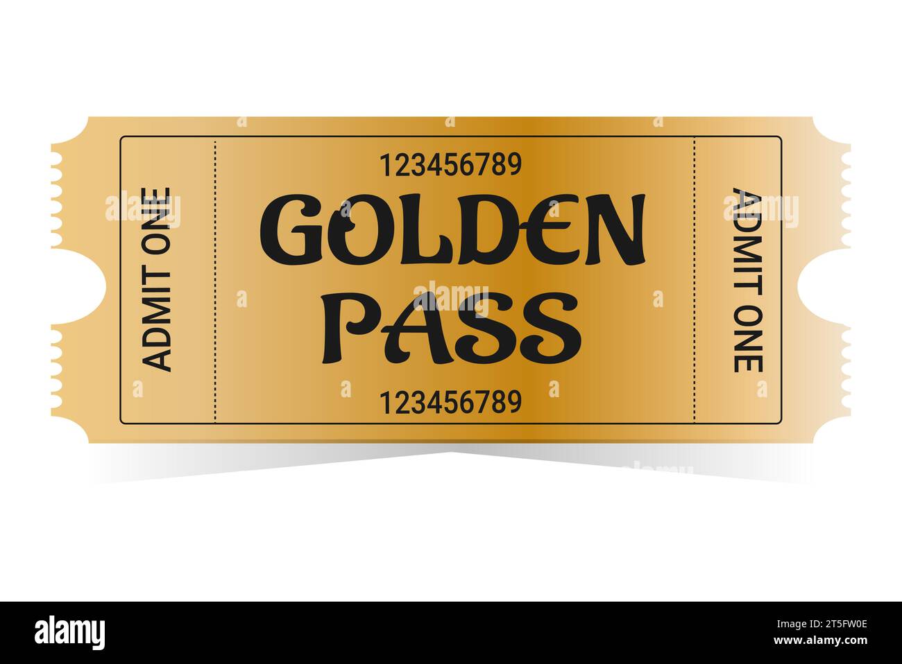 Realistischer goldener Pass. Kino, Theater, Party, Museum, Veranstaltung, Vorlage für Gold- und schwarze Vektor-Tickets für Konzerte. Filmkino-Gutscheinheft, Zutritt Stock Vektor