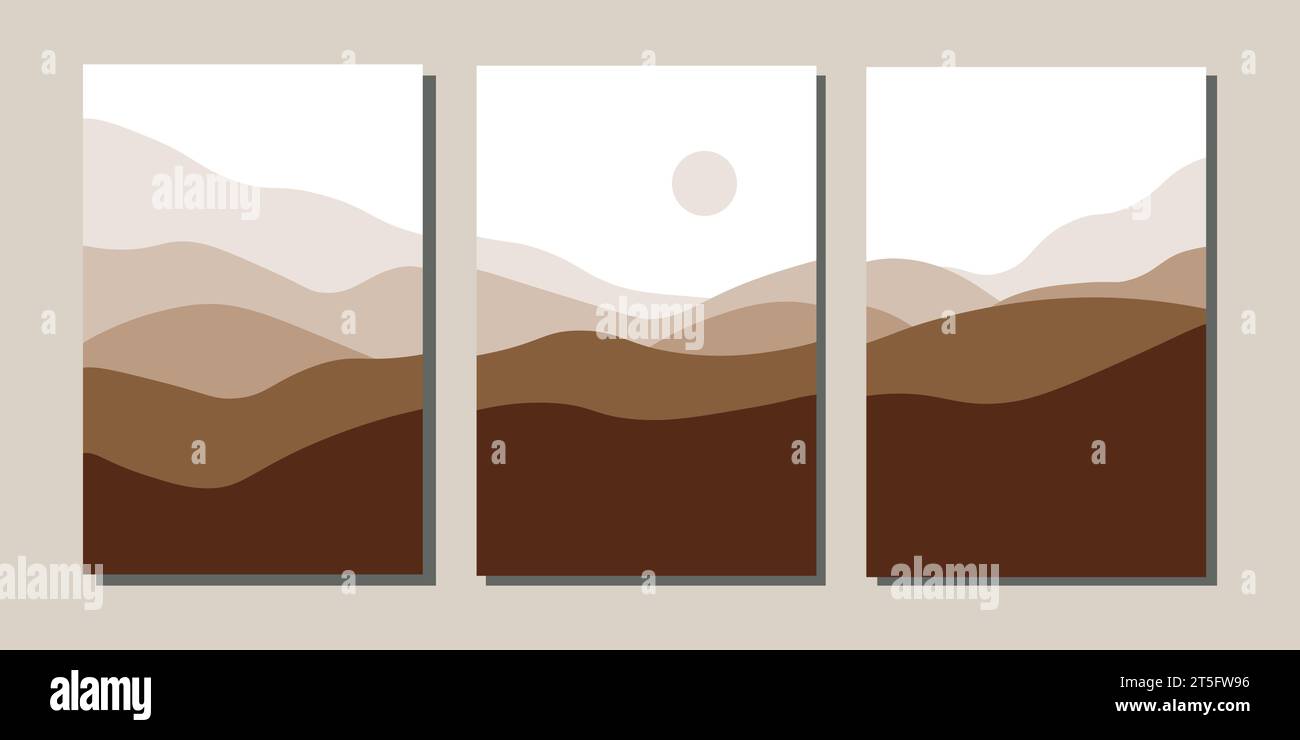 Querformat in brauner Farbpalette. Wüstendünen und Berge. Triptychon. Vektorabbildung. Stock Vektor