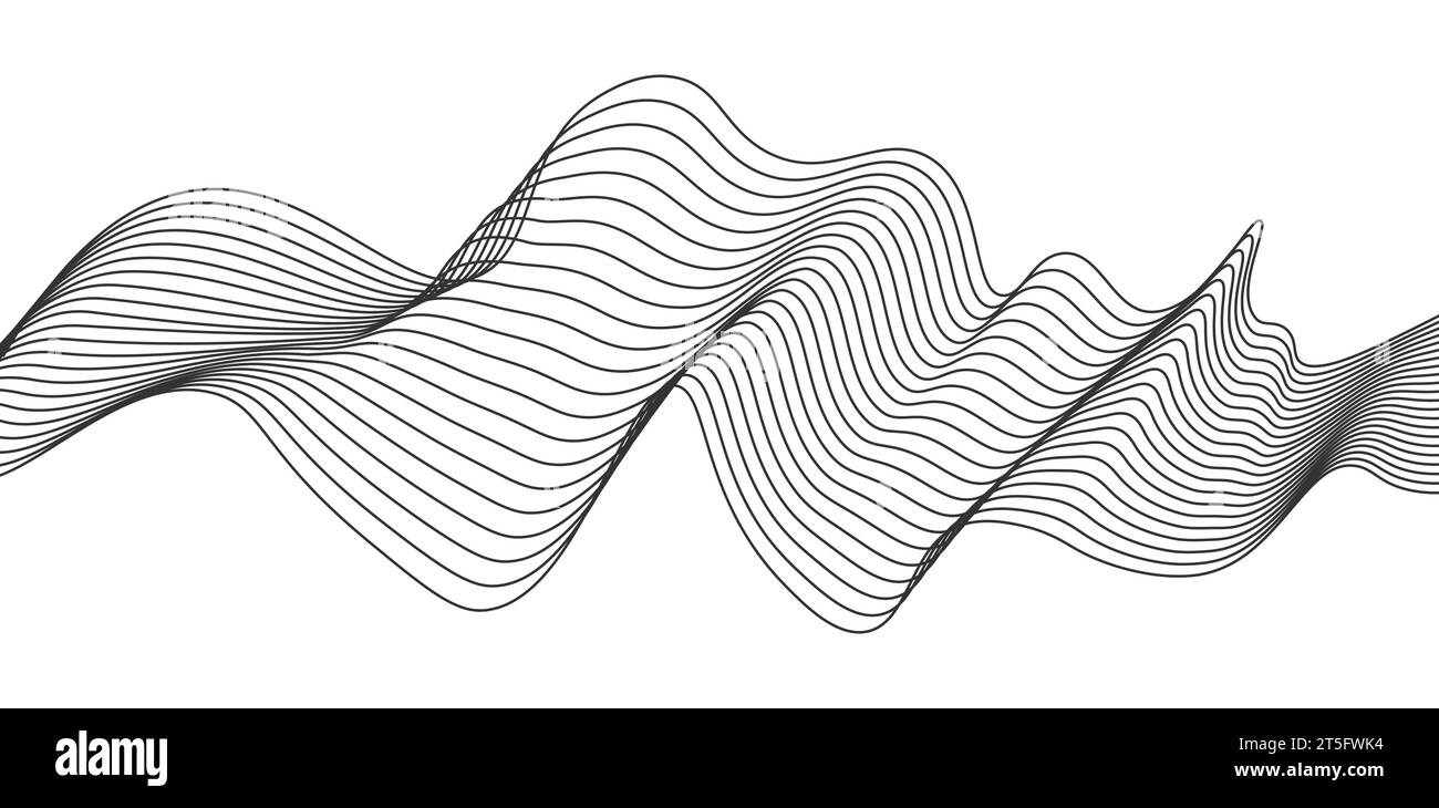 Optische Kunst abstraktes Hintergrundwellendesign Schwarz-weiß. Schwarz-weiße Streifen, die auf bizarre Weise gekrümmt sind, mit Wellen, die sich entlang der Flugbahn drehen. Stock Vektor
