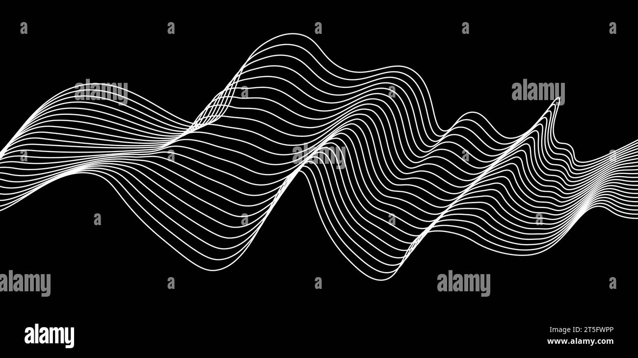 Optische Kunst abstraktes Hintergrundwellendesign Schwarz-weiß. Schwarz-weiße Streifen, die auf bizarre Weise gekrümmt sind, mit Wellen, die sich entlang der Flugbahn drehen. Stock Vektor