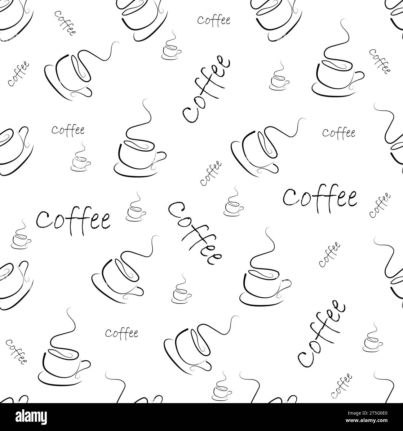 Nahtloses Muster der Vektor-Kaffeetasse. Abstrakte Strichhintergrund-Illustration mit handgeschriebenem Schriftzug. Tapete, Hintergrund, Stoff, Textil, Druck, wra Stock Vektor