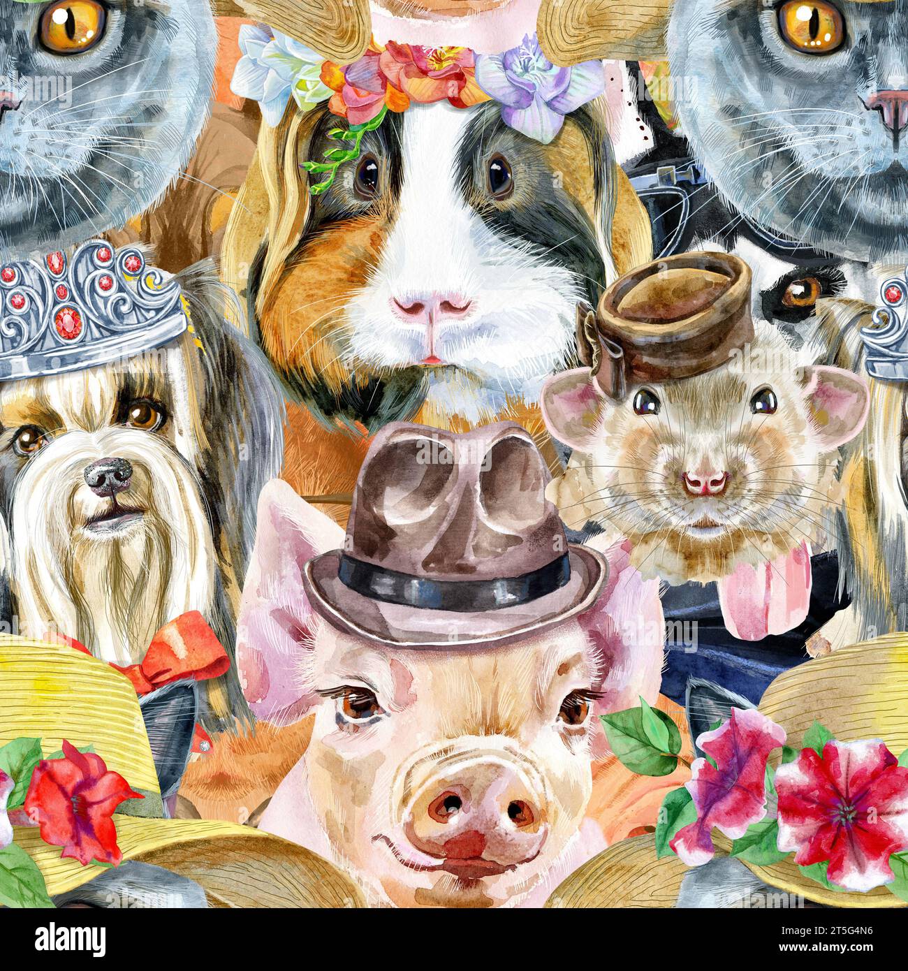 Nahtloses Muster für Haustiere. Handbemalte Aquarellzeichnung, isolieren Sie ClipArt auf weißem Hintergrund. Stockfoto