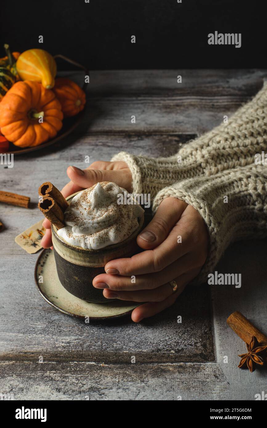 Kürbislatte mit Zimt und Kürbissen. Hochwertige Fotos Stockfoto