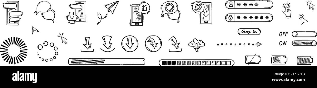 Kritzeln Sie mit Smartphone-Designelementen. Kennwortverifizierung, Benachrichtigungen ein, Akkuladeanzeige, Ladebalken, Download-Symbole. Roboter-Chatbo Stock Vektor