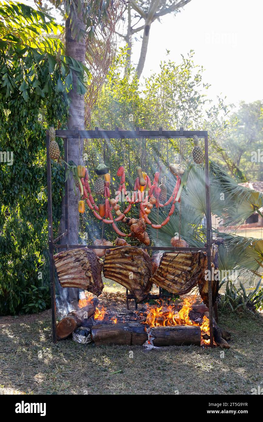 Barbecue-Anordnung für Barbecue im Stil eines Erdfeuer Stockfoto