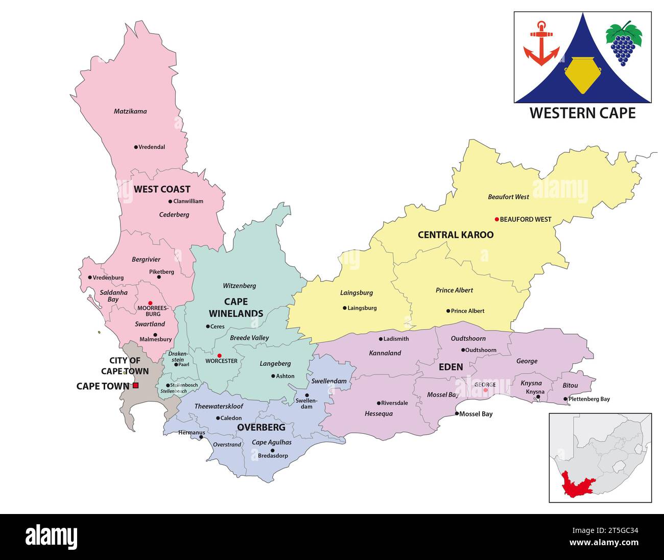 Verwaltungskarte des Westkap, Südafrika Stockfoto