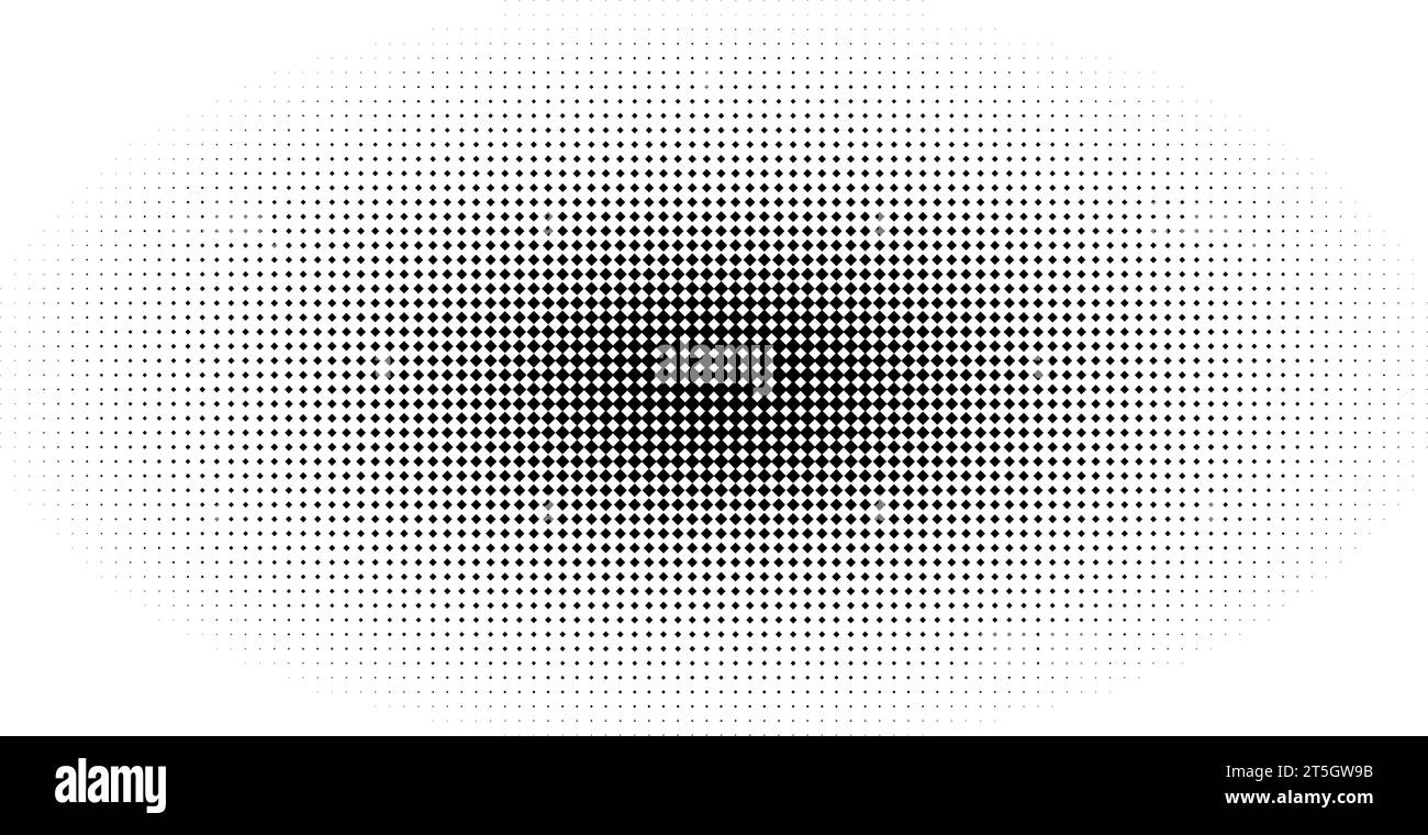 Abstraktes Halbton-Oval mit Unschärfe entlang der äußeren Kante mit Rautenstruktur. Vektorillustration mit einem quadratischen Mosaikmuster. Stock Vektor