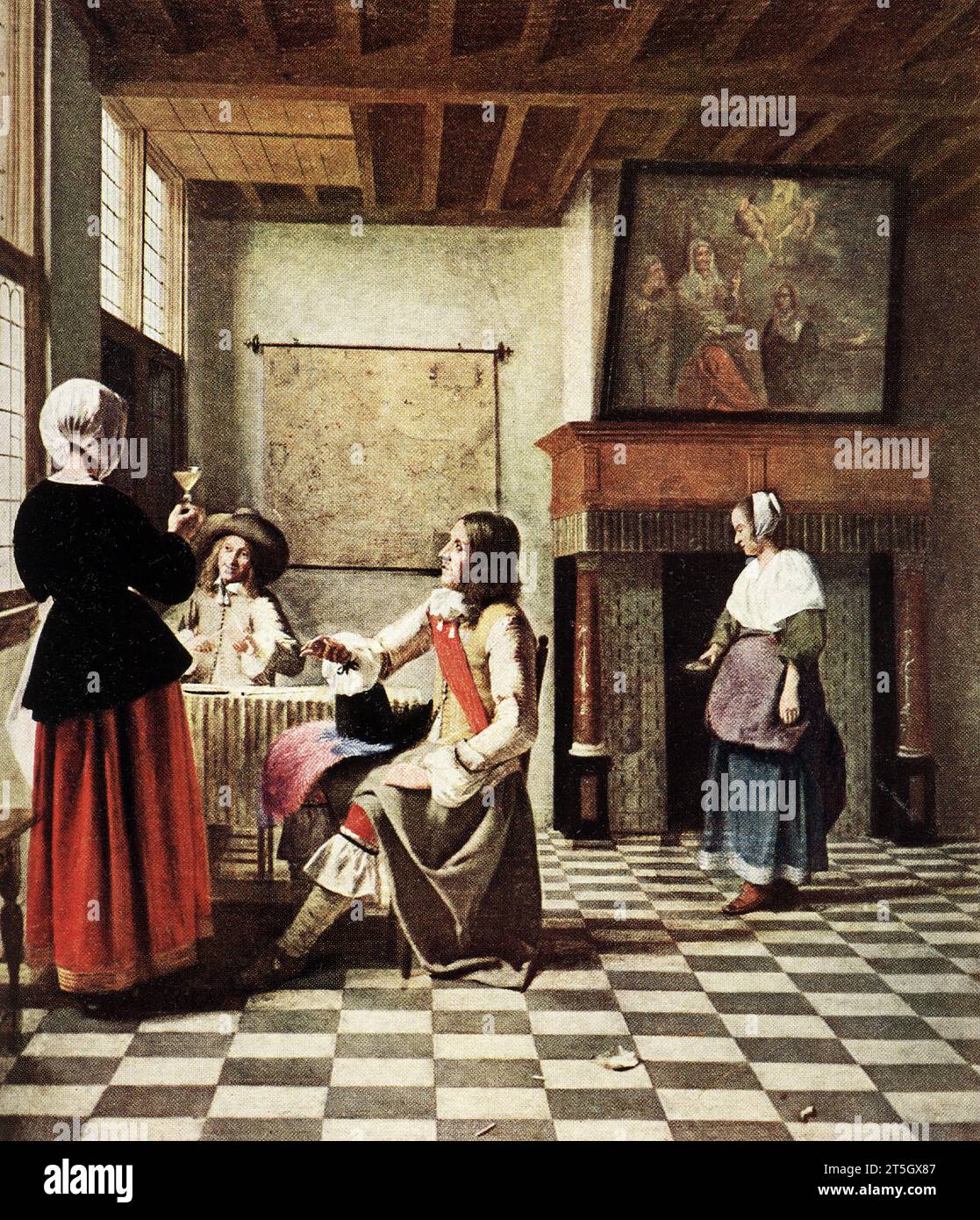 Die Bildunterschrift von 1916 lautet: „Pieter de Hooch 1629-1677 Dutch School 'Dutch Interior—with two Cavaliers and the Girl in the Red Rock'. In der National Gallery. Signiert P. D. H. auf dem Tisch links vorne am Fenster. In Öl auf Leinwand gemalt. Pieter de Hooch war ein niederländischer Maler aus dem Goldenen Zeitalter, der für seine Genrewerke ruhiger Hausszenen mit offener Tür berühmt war. Er war Zeitgenossen in der Delfter Gilde von St. Luke, von Jan Vermeer, mit dem sein Werk Themen und Stil teilt. Stockfoto