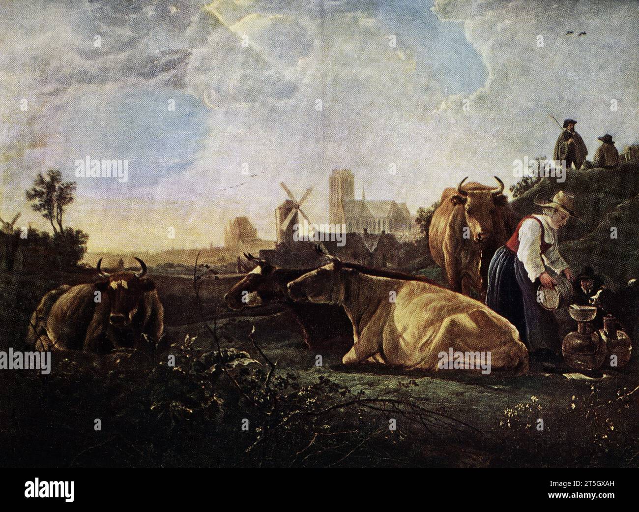 Die Bildunterschrift von 1916 lautet: „Cupy 1620-1691 Dutch School. Rinder und Figuren mit der Milchmädchen oder dem großen Dort in der National Gallery. In Öl auf Holz gemalt 2 ft 2,5 in h. x 3 ft 3,5 in W.“ Aelbert Cuyp (auch Albert Cupy geschrieben) war ein niederländischer Maler der Barockzeit, der für seine friedliche niederländische Landschaft bekannt ist, die sich durch den poetischen Gebrauch von Licht und Atmosphäre auszeichnet. Stockfoto