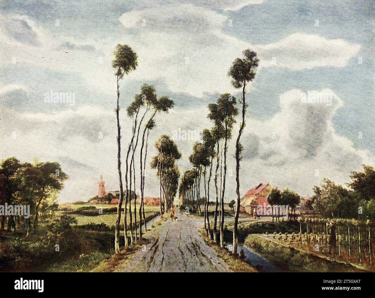 Die Bildunterschrift von 1916 lautet: „Hobbema 1638-1709 Dutch School 'The Avenue of Middelharnis' in der National Gallery. Signiert und datiert auf der Rückseite des Grabens, der den Garten von der Straße trennt. In Öl auf Leinwand gemalt. 3 ft 4,5 in h. x 4 ft 7,5 in W.“ Meindert Lubbertszoon Hobbema war ein niederländischer Maler der Landschaften aus dem Goldenen Zeitalter, der sich auf Ansichten von Wäldern spezialisiert hat, obwohl sein berühmtestes Gemälde, The Avenue at Middelharnis, eine andere Art von Szene zeigt. Stockfoto
