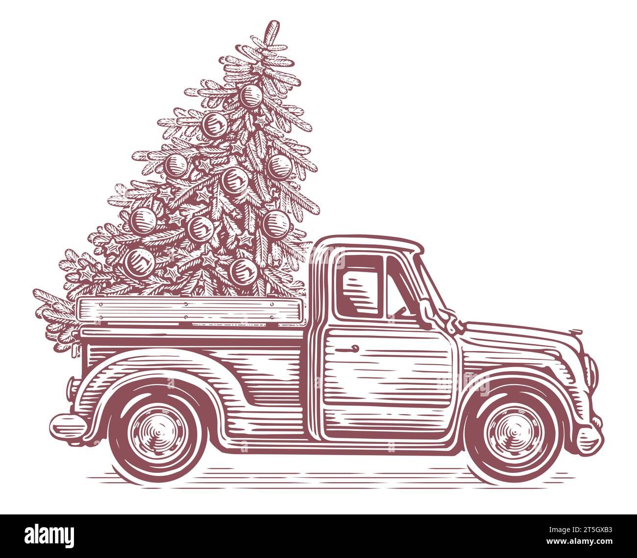 Retro-Truck und Weihnachtsbaum auf der Rückseite eines Autos. Handgezeichnete Vektorgrafik Stock Vektor