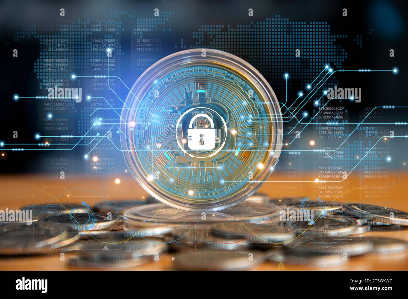 Kryptowährungskonzept sicher zu verwenden, verschlüsselt und verhindert Hacking, digitale Brieftasche Stockfoto