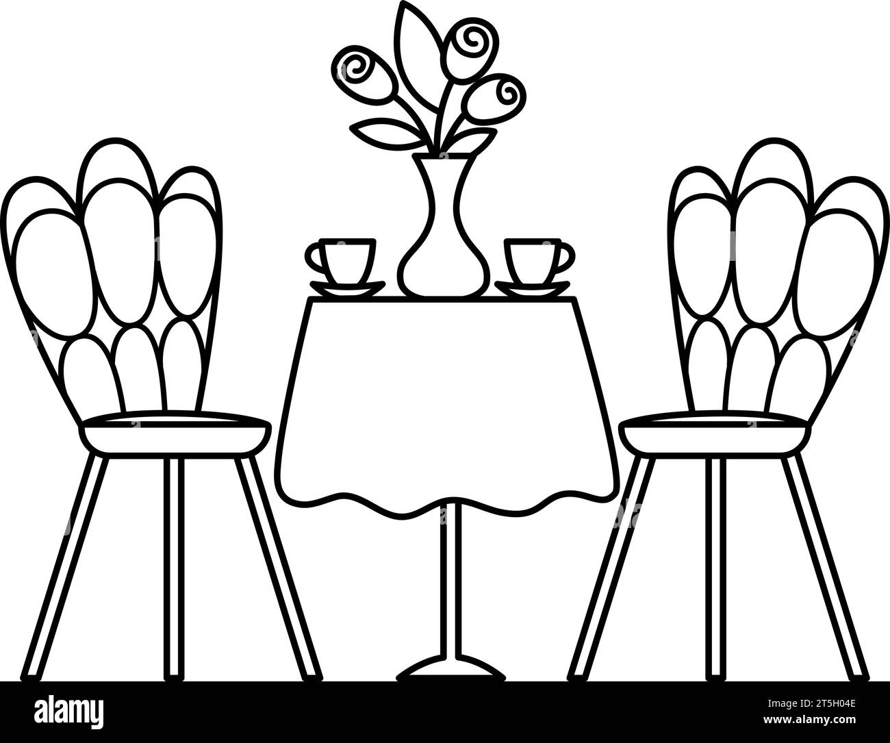 Vektor schwarz-weiß Tisch mit Stühlen, Vase mit Blumen, Kaffeetassen. Niedliches Möbelstück. Symbol für französische Symbollinie oder Ausmalseite. Romantisch Stock Vektor