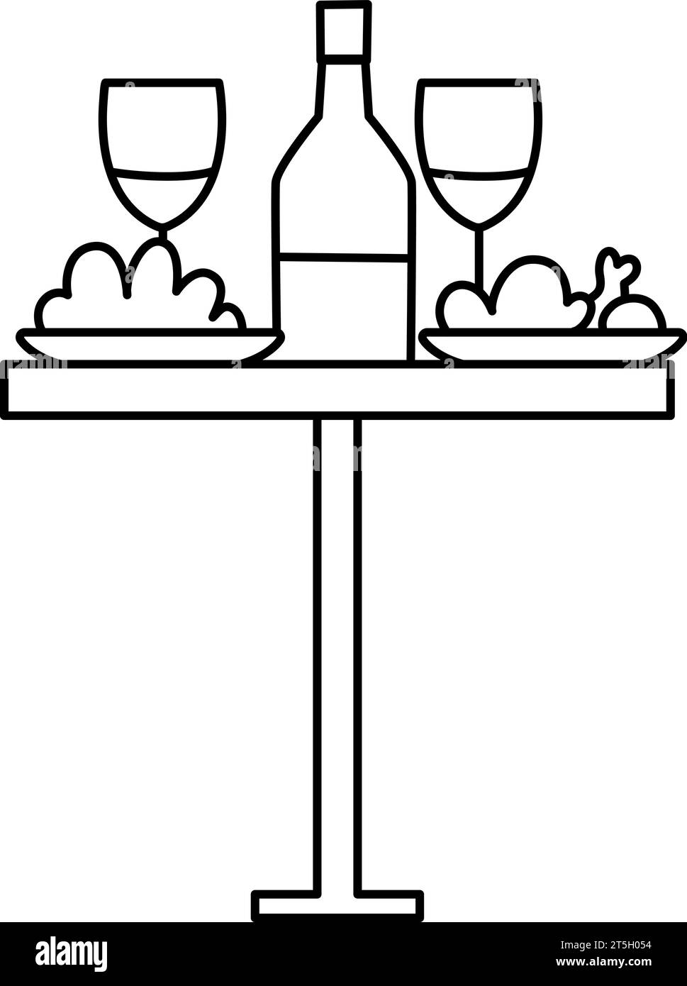 Vector schwarz-weiß Tisch mit Wein, Gläsern und Geschirr. Niedliches Möbelstück. Symbol für französische Symbollinie oder Ausmalseite. Abendessen im Restaurant illus Stock Vektor