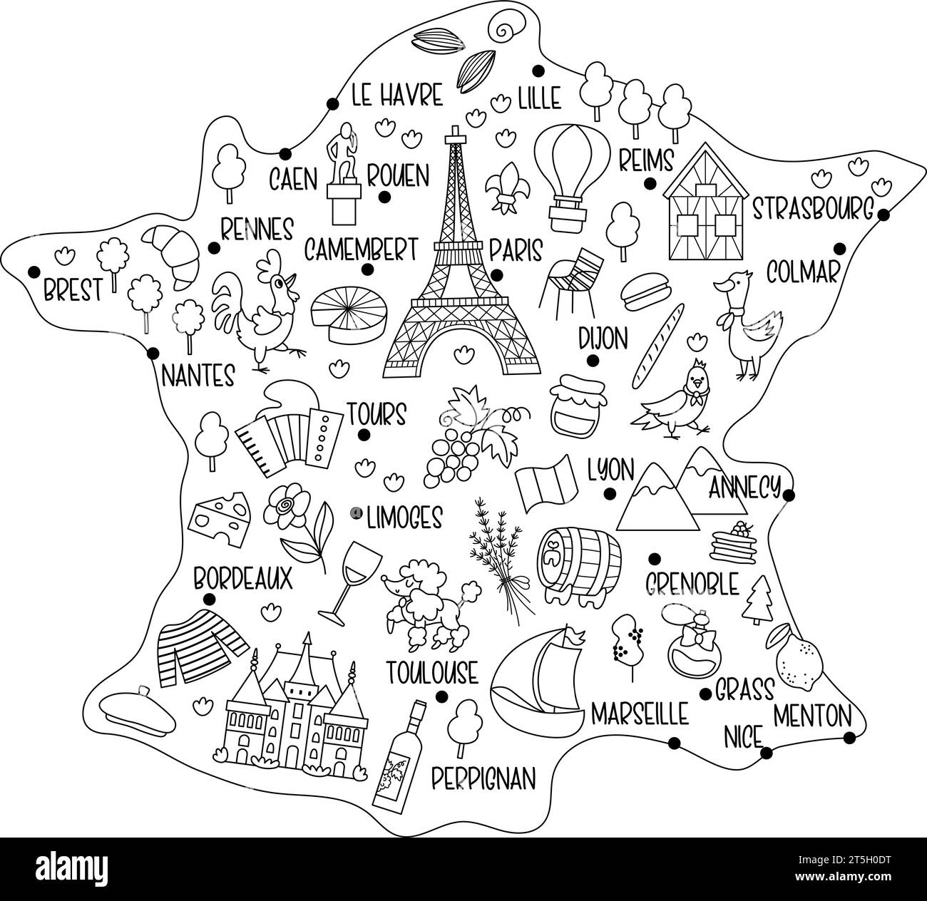 Vektor-Karte Frankreich. Cartoon-Postkarte mit französischen Sehenswürdigkeiten, Städten, Symbolen. Touristische Attraktion schwarz-weiß Hintergrund oder Malseite Stock Vektor