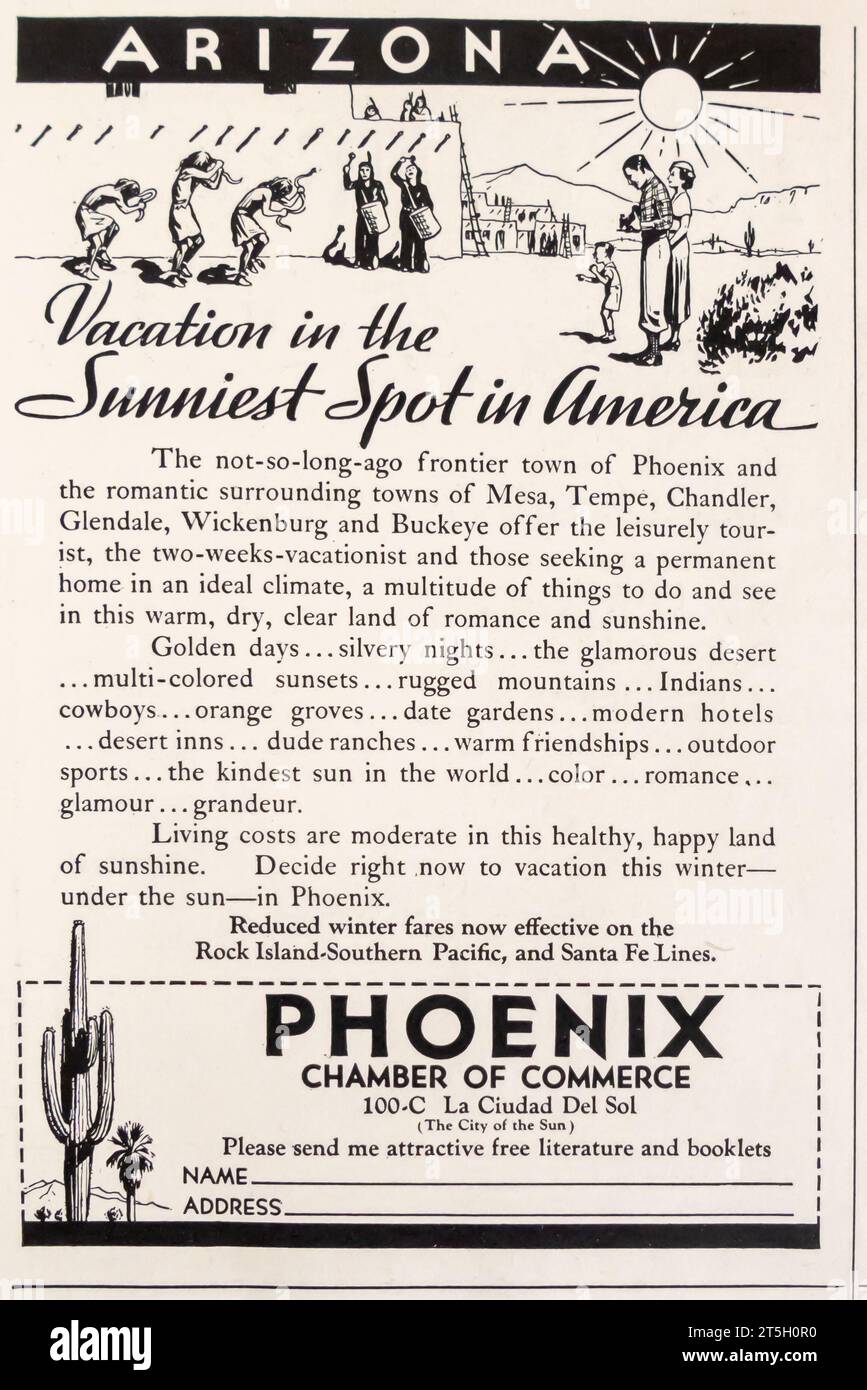 1934 Reiseanzeige für Phoenix Arizona. Der sonnigste Ort in Amerika Stockfoto