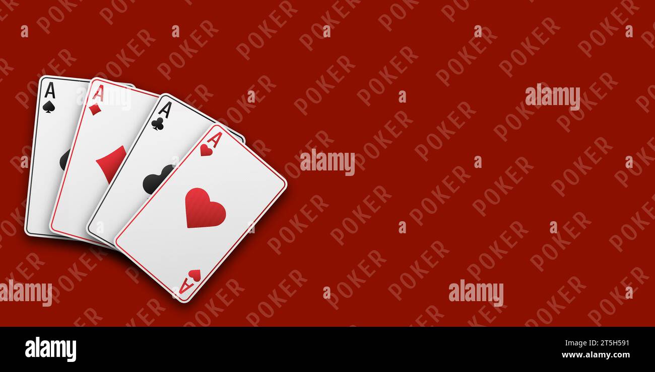 Poker-Konzept. Fan von Handspielkarten. Roter Spieltisch. Vier Asse mit Herz-, Knüppel-, Diamanten- und Pik-Anzug. Vetor-Illustration. Stock Vektor