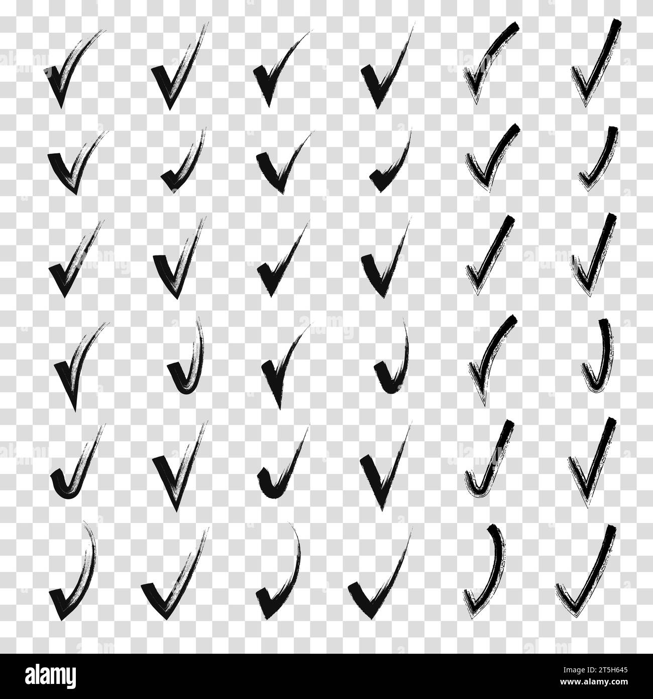 Pinsel handgezeichnet gemalte Häkchen Set Collection. Sammlung von Häkchen mit Handkritzelung. Schwarze Skizzen mit Bleistift. Vektorabbildung. Stock Vektor