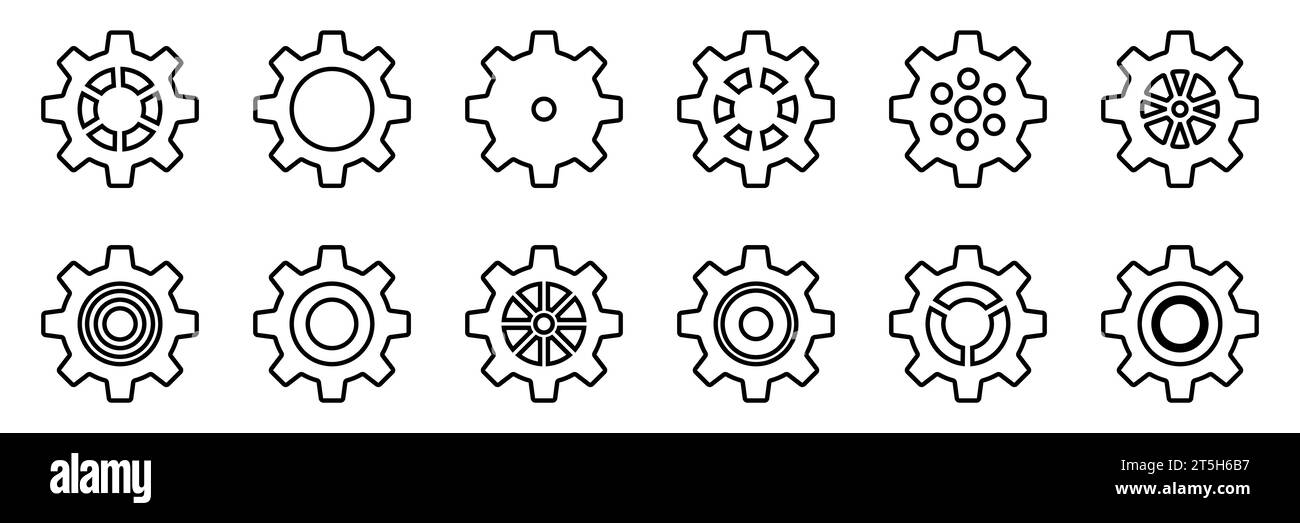 Symbolsatz Gänge. Symbol für Gangeinstellung. Sammlung mechanischer Zahnräder. Einfache Zahnradsammlung. Silhouette mit Zahnradsymbolen. Vector Illustrati Stock Vektor