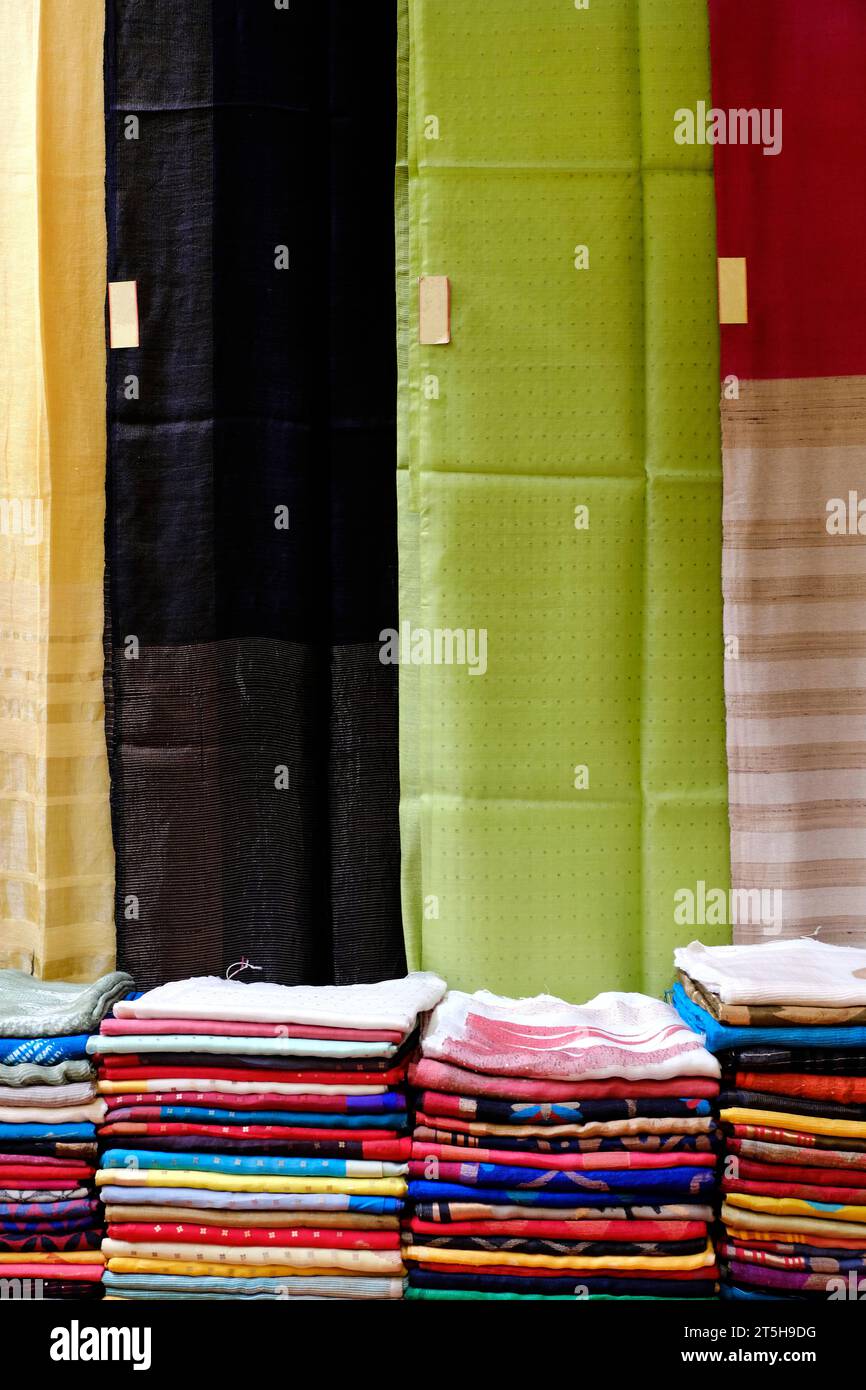 Schicke indische Sarees, fein säuberlich gestapelte bunte Seidensaris in Regalen in einem Textilgeschäft. Unglaubliches Indien. Stockfoto