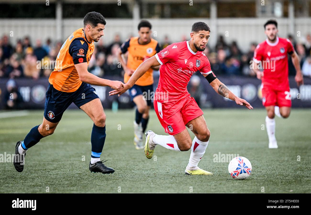 Slough, Großbritannien, 5. November 2023. Rekeil Pyke während des Fußballspiels der ersten Runde des FA Cup zwischen Slough Town FC und Grimsby Town FC im Arbour Park, Slough UK.Credit: Jon Corken Stockfoto