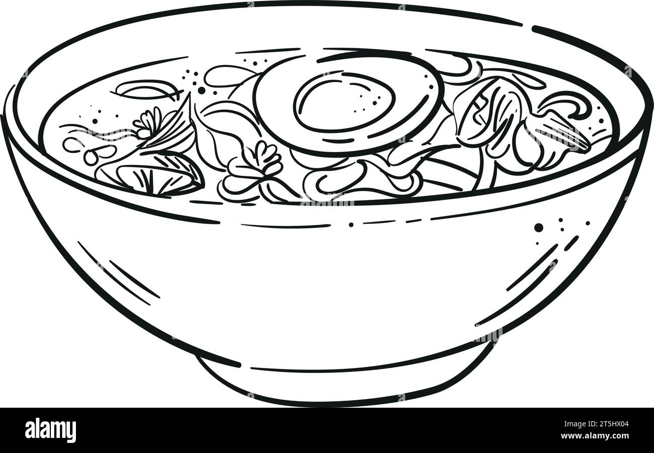 Hühnersuppe mit Nudeln und Ei in einer Schüssel Skizze. Illustration im Doodle-Stil. Internationaler Suppentag. Menü, Design, Web. Stock Vektor