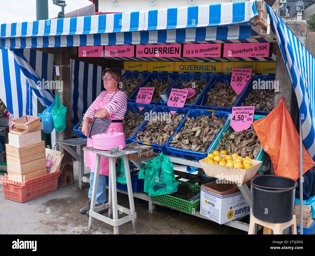 Austernverkäufer auf dem Straßenmarkt im Hafen von Cancale Stockfoto