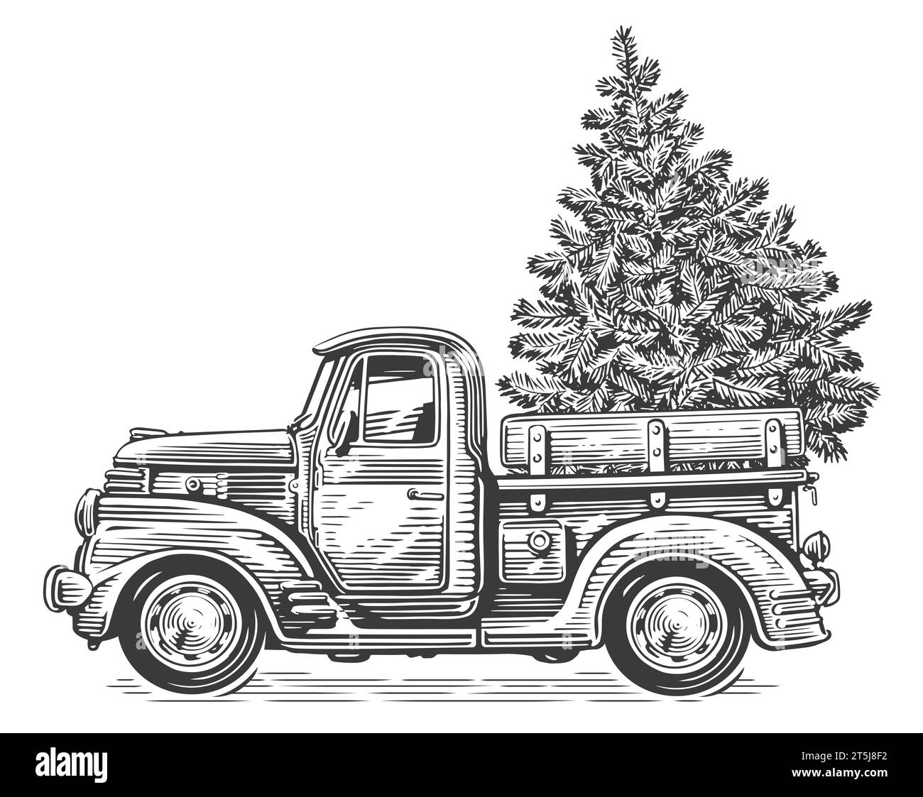 Weihnachts-Retro-Truck mit Kiefer. Handgezeichnete Skizze Vintage Illustration Gravur Stil Stockfoto