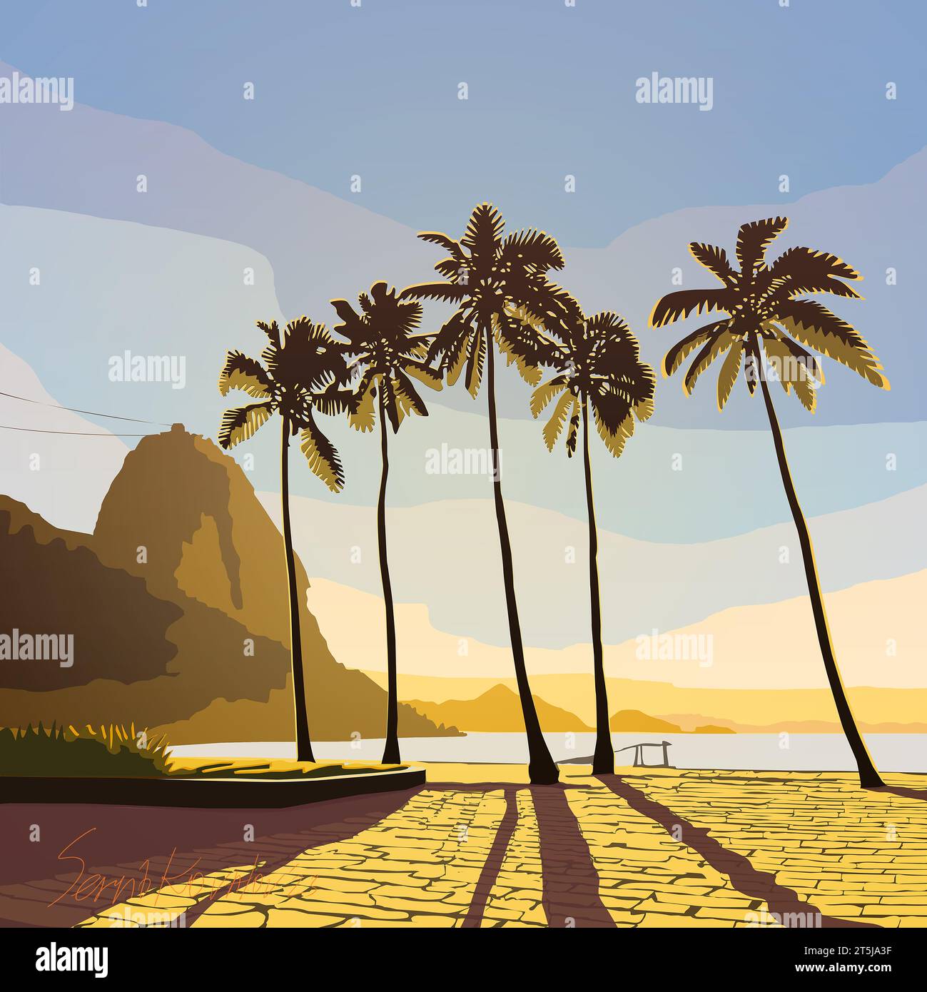 Blick auf den Sugarloaf Mountain auf Urca mit Palmen, Rio de Janeiro, Brasilien. Sonnenaufgang in Rio de Janeiro. Stockfoto