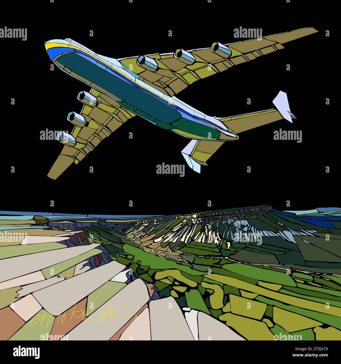 Krim, Ukraine. Blick in die Krim-Stadt mit Flugzeug in den Himmel. Ukrainische Architektur, karge Flugzeuge, Vektorgrafik, Illustration erstellt von Künstler. Stockfoto