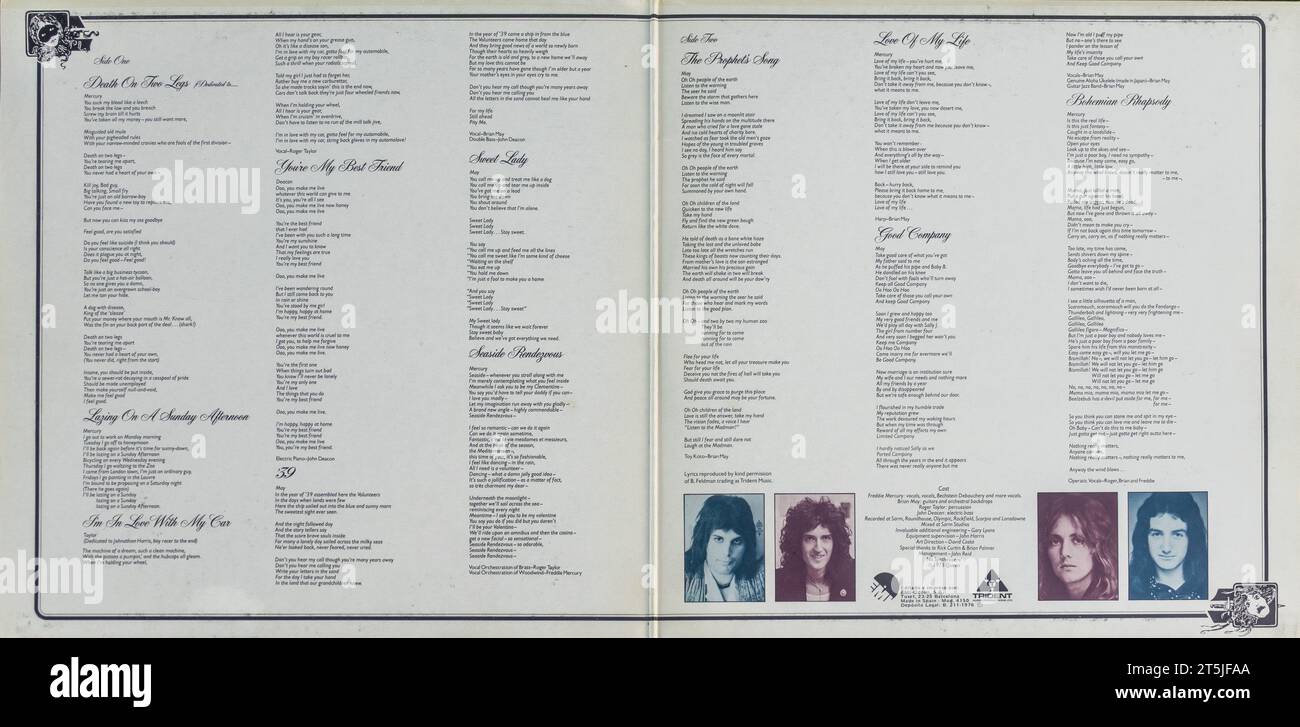 Granada, Spanien; 21. September 2023: Inside Cover des Vinyl A Night at the Opera der britischen Rockgruppe Queen Stockfoto