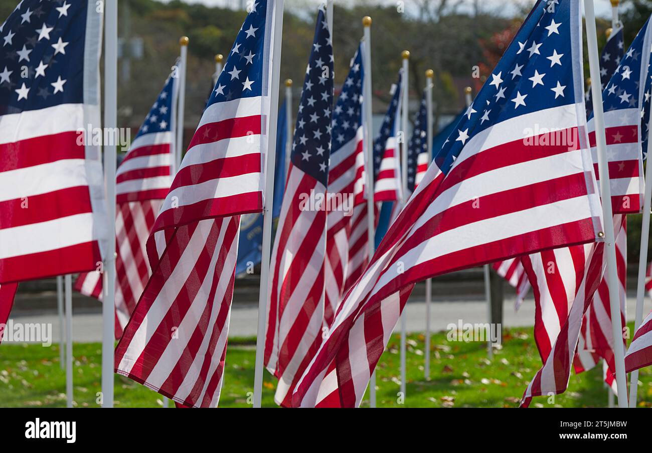Flaggen für die verschiedenen US-Streitkräfte, die in Dennis, Massachusetts, auf Cape Cod fliegen. Zum Veteran's Day. Stockfoto