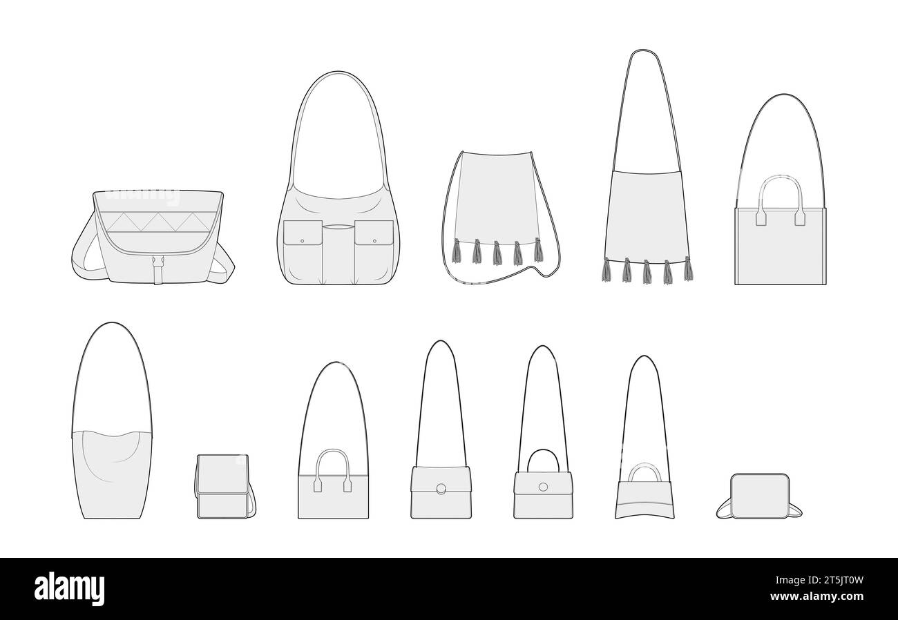 Set mit Umhängetaschen, Silhouette. Mode Accessoire technische Illustration. Vektor-Umhängetasche vorne 3-4 Ansicht für Männer, Frauen, Unisex-Stil, flache Handtasche CAD Modell Skizze Umriss isoliert Stock Vektor