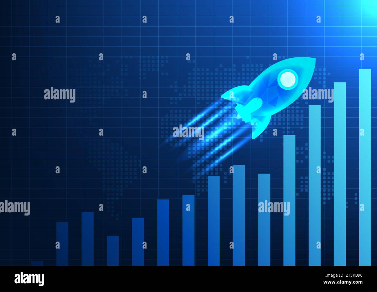 Das Balkendiagramm im Hintergrund ist eine Karte der Welt mit Raketen, die sich erheben. Es repräsentiert das Wachstum eines Unternehmens, das Gewinne steigert, Wettbewerber und gewinnt Stock Vektor