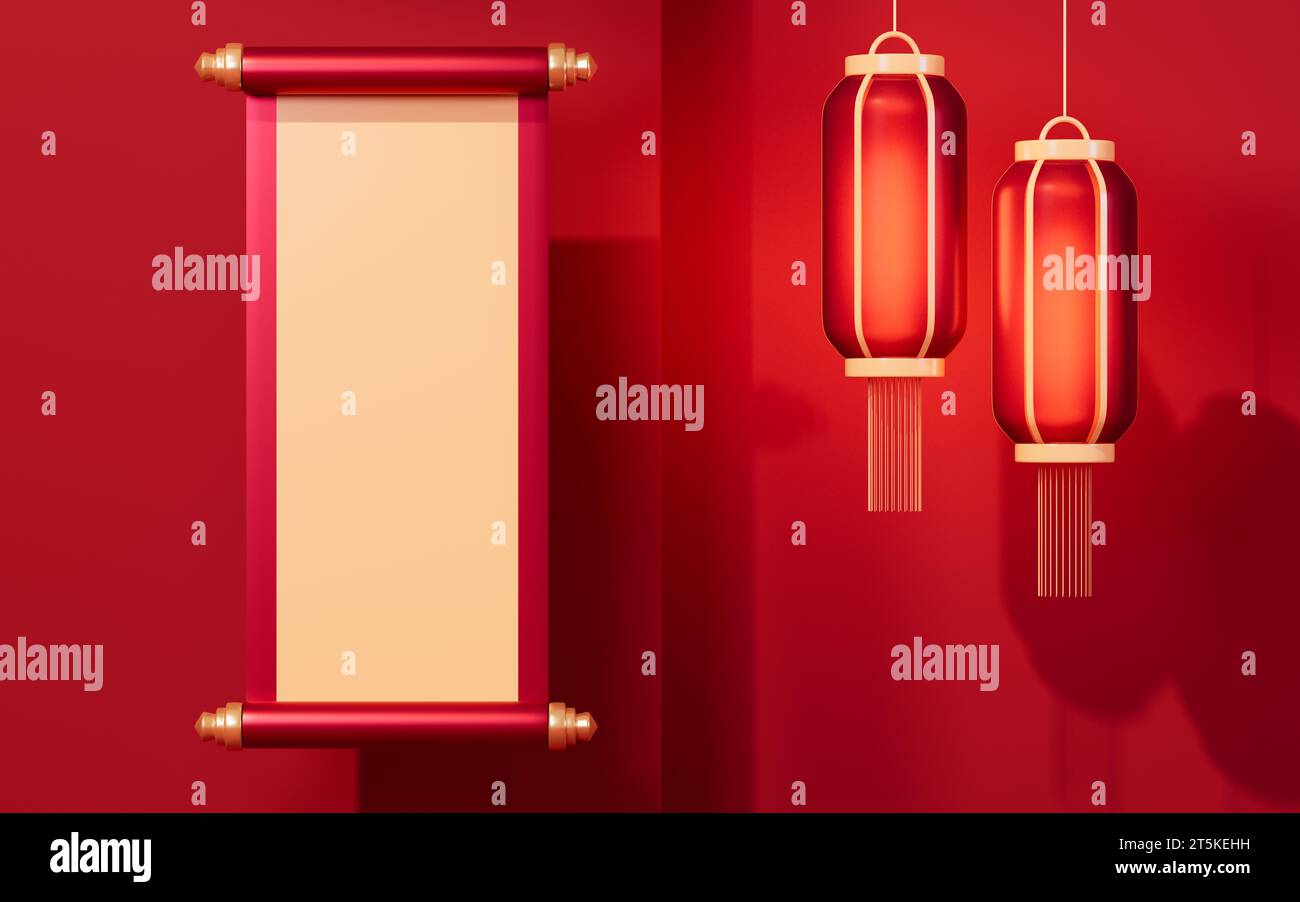 Leere Bildlaufleiste mit traditionellem chinesischen Hintergrund, 3D-Rendering. 3D-Abbildung. Stockfoto