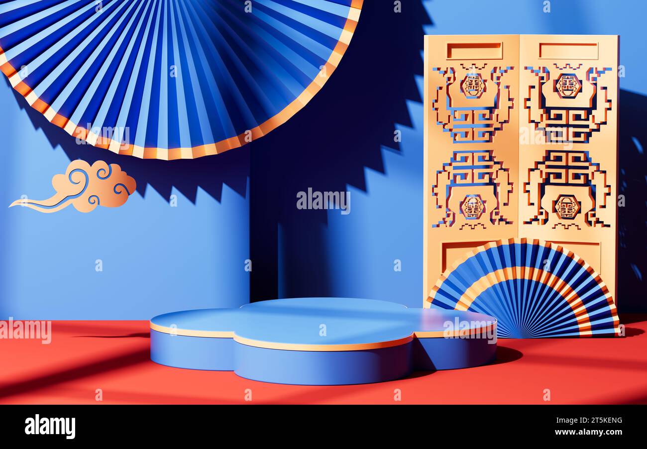 Traditioneller chinesischer Hintergrund, chinesischer Hintergrund und leere Bühne, E-Commerce-Hintergrund, 3D-Rendering. 3D-Abbildung. Stockfoto