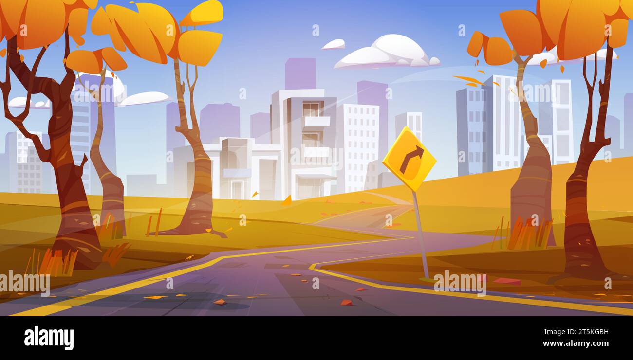 Herbstautobahn in die moderne Stadt. Vektor-Cartoon-Illustration der Straßenperspektive mit Verkehrspfeilschild, gelbes Laub auf Bäumen, bewölkter Himmel über der modernen Stadtlandschaft, städtische Gebäude am Horizont Stock Vektor