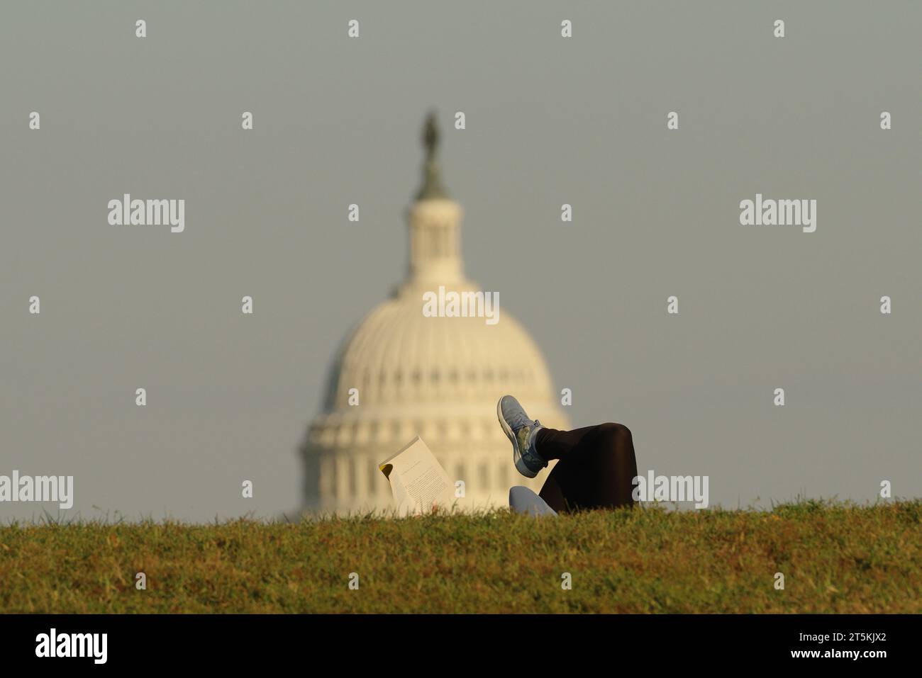 Jemand liest ein Buch über die National Mall mit der Kuppel des US-Kapitols im Hintergrund. Stockfoto