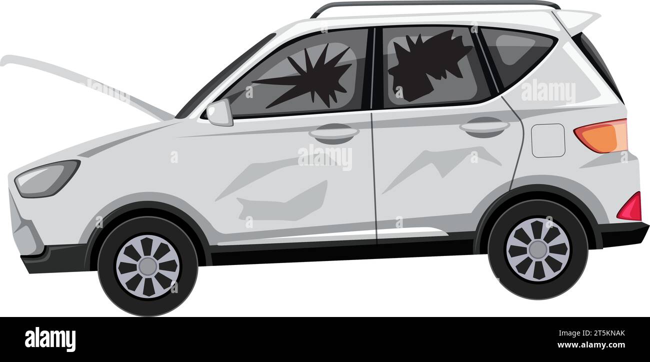 Abbildung eines kaputten weißen Autos mit einem zerbrochenen Fenster Stock Vektor
