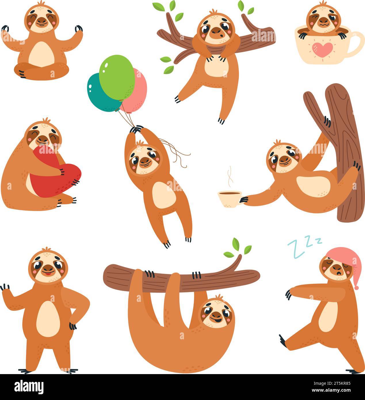 Isolierte Comic-lustige Faultier-Charaktere. Schlaf-, Hänge- und Meditationsfaultiere. Wilde Tier Baby Maskottchen, süße Klasse faule Tiere Vektor Clipart Stock Vektor