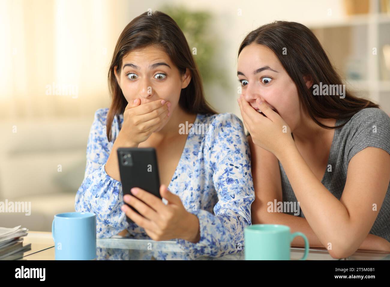 Verblüffte Frauen, die zu Hause am Telefon Medien gucken Stockfoto