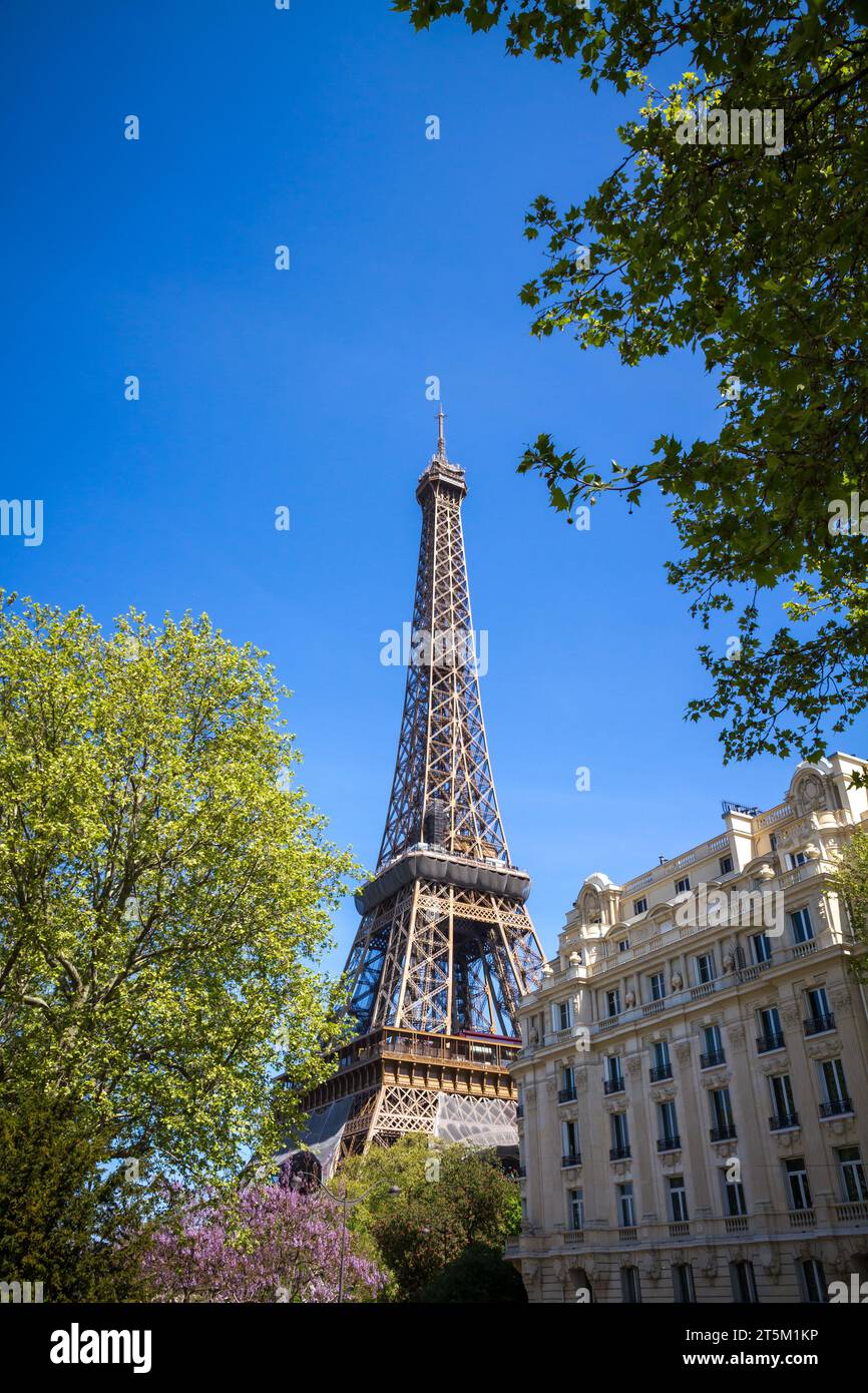 Blick auf den Eiffelturm von den Straßen, Paris, Frankreich Stockfoto