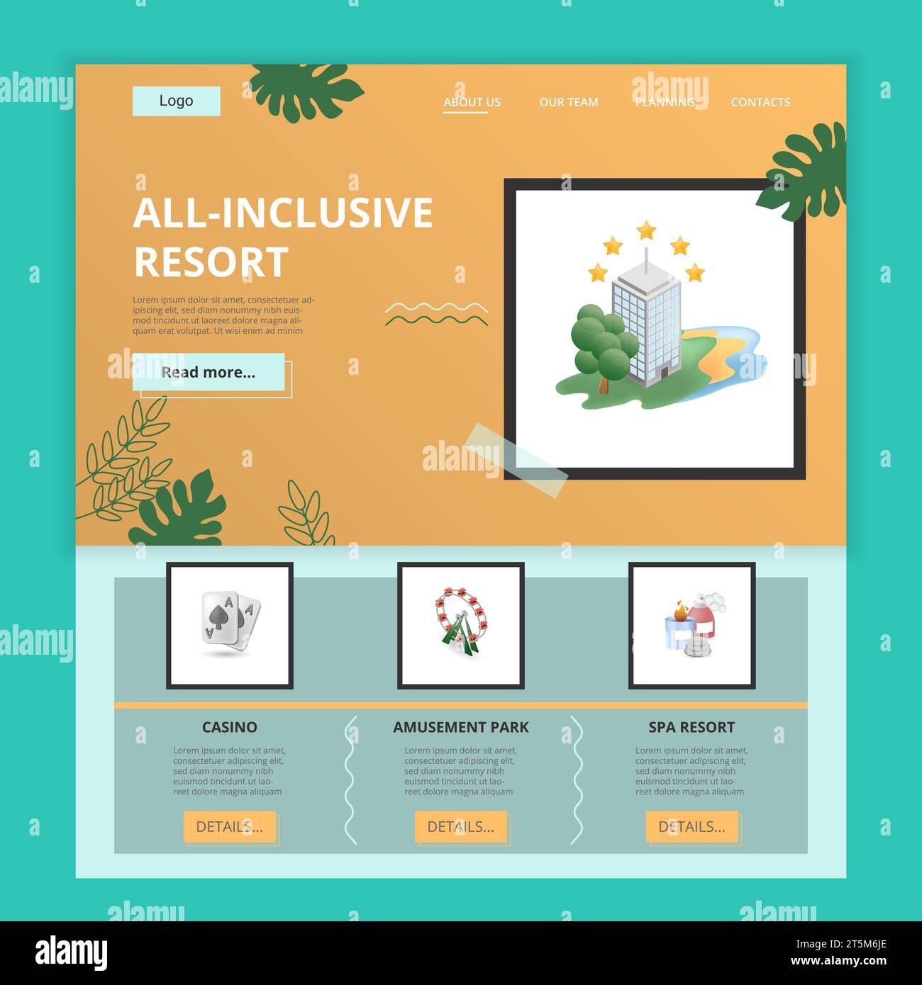 Vorlage für die flache Landing-Page-Website des All-Inclusive-Resorts. Kasino, Vergnügungspark, Seebad. Webbanner mit Kopf-, Inhalt- und Fußzeile. Vektor Stock Vektor