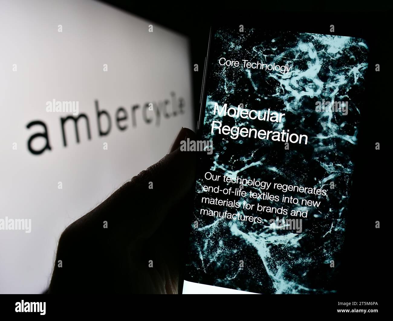 Person, die ein Handy hält, mit der Webseite des US-amerikanischen Materialforschungsunternehmens Ambercycle Inc. Vor dem Logo. Konzentrieren Sie sich auf die Mitte des Telefondisplays. Stockfoto
