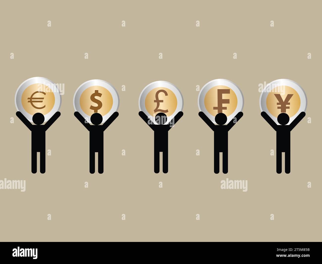 Silhouetten von fünf Personen mit fünf verschiedenen Münzen Stock Vektor