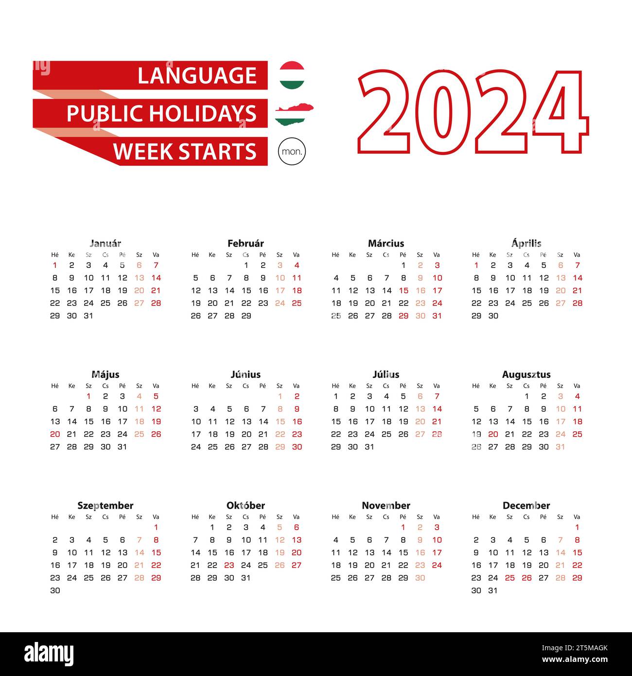 Kalender 2024 in ungarischer Sprache mit Feiertagen das Land Ungarn im