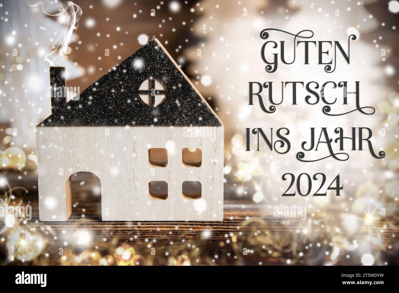 Text Guten Rutsch 2024, bedeutet Happy 2024, Haus, Weihnachten oder Winter Hintergrund Stockfoto