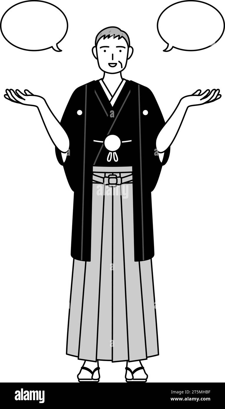 Neujahrstag und Hochzeiten, älterer Mann trägt Hakama mit Wappen und Vergleich, Vektor-Illustration Stock Vektor
